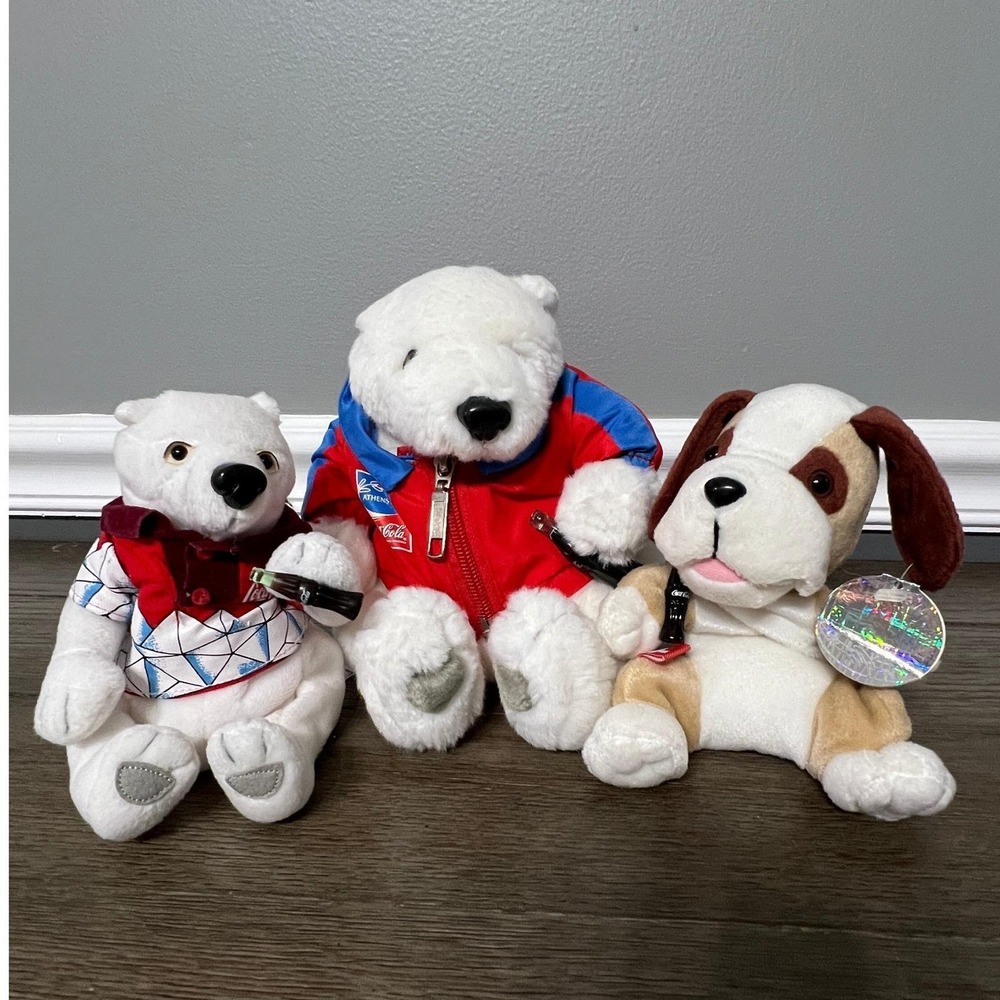 Coca-Cola Plush Lot 3 Polar Bear Dog Stuffed Animals 2004 Athens Olympic Toy